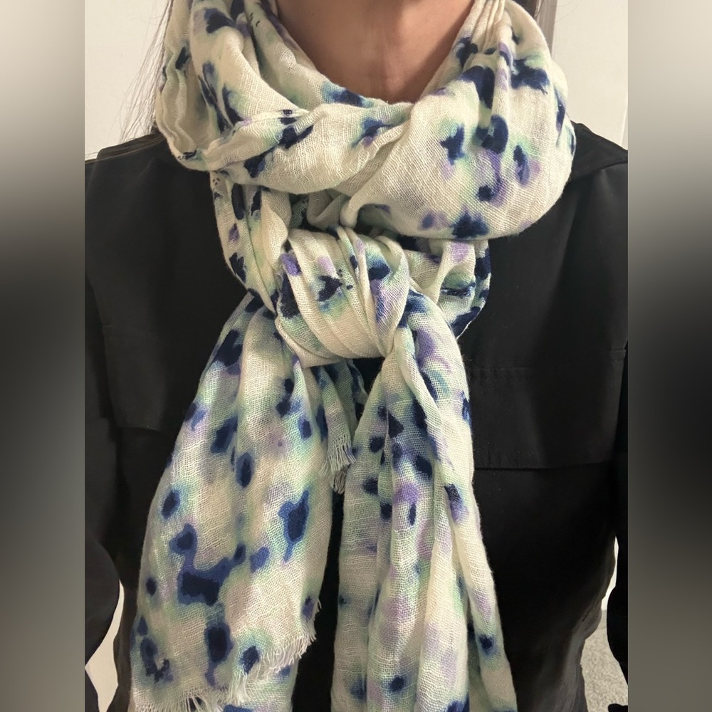 Anthropologie scarf wrap purple, blue, green, and off-white animal leopard print